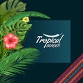 Vector exotic frame with palm leaves and flower with empty copyspace. Flat and solid color style vector illustrartion.