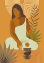 Vector exotic sitting woman print. Spa wellness resort retreat skin care poster. French Polynesia Tahiti culture. Bohemian