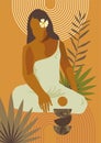 Vector exotic sitting woman print. Spa wellness resort retreat skin care poster. French Polynesia Tahiti culture. Bohemian