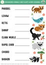 Vector extinct animals and plants word scramble activity page. English language game with whale, leopard, panda for kids.