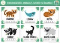 Vector extinct animals word scramble activity page. English language game with whale, leopard, panda for kids. Ecological