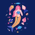 Vector fabulous underwater world. Colorful marine life. Cute hand-drawn mermaid, fish, shells Royalty Free Stock Photo