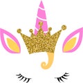 Vectorn Unicorn face with gold glitter crown Royalty Free Stock Photo