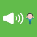 Vector faceless businessman with sound on symbol and closes ears on green background