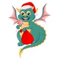 Vector fairy dragon. Little dragon in a Santa hat with a candy cane and a bag of gifts. Cartoon new year dragon