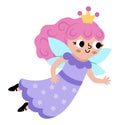 Vector fairy icon. Fantasy flying sorceress with pink hair and crown. Fairytale character in purple robe with stars. Cartoon magic