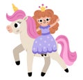 Vector fairy icon. Fantasy sorceress with crown riding a unicorn with pink hair. Fairytale character in purple robe with stars.