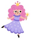 Vector fairy icon. Fantasy sorceress with magic wand, pink hair and crown. Fairytale character in purple robe with stars. Cartoon