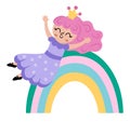 Vector fairy icon. Fantasy sorceress with pink hair and crown sliding down the rainbow with hands up. Fairytale character in