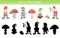Vector fairy tale template for preschool lessons. Find the correct shadow. children educational game. Find right black silhouette Royalty Free Stock Photo