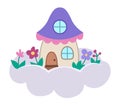 Vector fairy or unicorn house on cloud. Fantasy world home icon with flower garden, purple roof, ladder. Fairy tale princess house