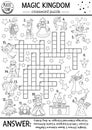 Vector fairytale black and white crossword puzzle for kids. Simple line magic kingdom quiz with fantasy creatures. Educational Royalty Free Stock Photo