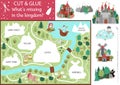 Vector fairytale cut and glue activity. Crafting game with cute magic kingdom map. Fun printable worksheet for children. Find the