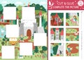 Vector fairytale cut and glue activity. Magic kingdom crafting game with cute castle scene with princess. Fun printable worksheet