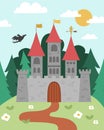 Vector fairytale landscape with castle on a hill. Fairy tale background. Magic kingdom picture. Scenery with medieval stone palace Royalty Free Stock Photo