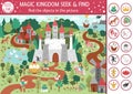 Vector fairytale searching game with medieval castle landscape. Spot hidden objects in the picture. Simple fantasy seek and find