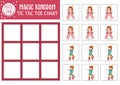 Vector fairytale tic tac toe chart with prince and princess. Fairy tale holiday board game playing field with fantasy characters.