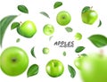 Vector falling green apples on white background. The fruit as a whole. Realistic 3D