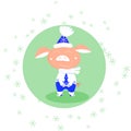 Vector falling snowflakes and cute pig in blue and white mittens, scarf, hat on green round background. Symbol of