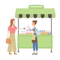 Vector falt illustration of two woman in a cosmetic shop. Royalty Free Stock Photo