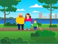 Vector family, dad, mom, son are walking in the park. Happy overweight family. Fat parents, fat child, son. Dad is bald with a