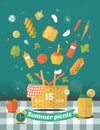 Family picnic glade illustration. Food and pastime icons. Flat.