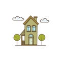 Vector Family single green house icon. Vector A swamp-colored house with a chimney, two trees and clouds icon