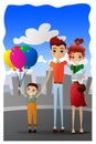 Vector Family Vacation Cartoon Illustration with Colorful Family Cartoon Characters