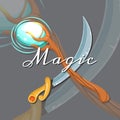 Vector fantasy cartoon style game design medieval crossed magic staff and sword Royalty Free Stock Photo