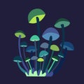 Vector fantasy forest mushrooms illustration or scene. Green and blue neon colors mushrooms Royalty Free Stock Photo