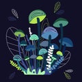 Vector fantasy forest mushrooms illustration or scene. Green and blue neon colors mushrooms with hand drawn white outline decorati Royalty Free Stock Photo