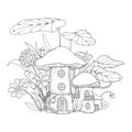 Vector fantasy illustration with mushroom houses in grass. Coloring page with little fairy-tale forest town