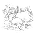 Vector fantasy illustration with mushroom houses in grass. Coloring page with little fairy-tale forest town Royalty Free Stock Photo