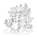 Vector fantasy illustration with mushroom houses in grass. Coloring page with little fairy-tale forest town Royalty Free Stock Photo