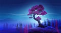 fantasy night landscape with with a beautiful curved tree, mountains and tree on a starry sky background. Burgundy foliage