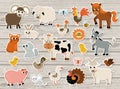 Vector farm animal and birds stickers set. Rural patches icons with cow, horse, goat, sheep, duck, hen, pig. Countryside