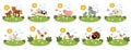 Vector farm animal scenes set. Collection with cow, horse, goat, sheep, duck, hen, pig and their babies. Cute country mother and