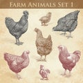 Vector Farm Animals engraving set1. Chickens and Roosters Royalty Free Stock Photo