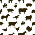 Vector farm animals and poultry background. Farm illustrations. Hand drawn animal and bird silhouettes. Farm seamless Royalty Free Stock Photo