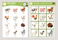 Vector farm animals scavenger hunt cards set. Seek and find game with cute goat, pig, horse, cow for kids. Rural countryside