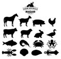 Vector Farm Animals and Seafood Silhouettes Collection
