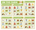 Vector on the farm bingo cards set. Fun family lotto board game with cute barn, farmer, cow, animals for kids. Rural countryside