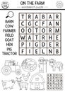 Vector on the farm black and white word search puzzle for kids. Simple farm word search line quiz. Country activity with cow,
