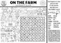 Vector on the farm black and white wordsearch puzzle for kids. Simple farm word search line quiz with country landscape. Activity