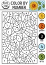 Vector on the farm color by number activity with sundlower. Rural country scene black and white counting game with cute yellow sun