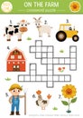 Vector on the farm crossword puzzle for kids. Simple farm quiz for children. Country educational activity with cow, farmer,