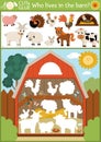 Vector on the farm cut and glue activity. Crafting game with cute farm animals and birds in the barn. Fun printable worksheet. Royalty Free Stock Photo