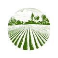 Vector farm field landscape. Furrows pattern in a plowed prepared for crops planting. Vintage realistic engraving sketch