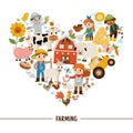 Vector farm heart shaped frame with farmers and animals. Rural country card template or local market design for banners,