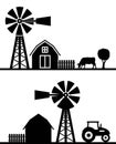 Vector farm landscape silhouette with fence, barn, windmill, cow and tractor Royalty Free Stock Photo